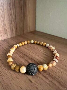 Natural Yellow Agate Beaded Bracelet with Black Lava Stone - Men’s Jewelry